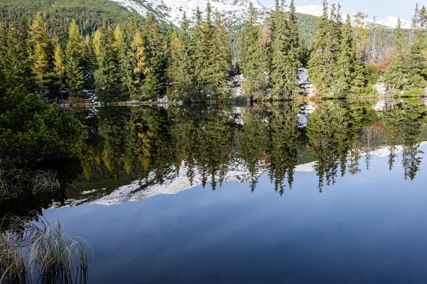 Refleksje w spokojnych wodach jeziora wody z góry i śnieg — Zdjęcie stockowe