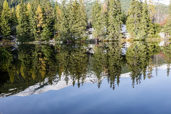 Refleksje w spokojnych wodach jeziora wody z góry i śnieg — Zdjęcie stockowe