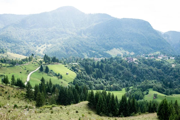 Vista sulle montagne carpatiche e il villaggio rumeno dal t — Foto Stock