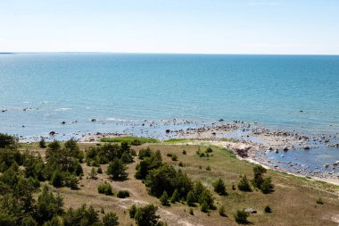kayalar ve yeşil vegetat Baltık Denizi'nin rahat plaj