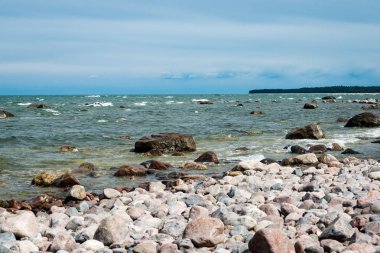 kayalar ve yeşil vegetat Baltık Denizi'nin rahat plaj