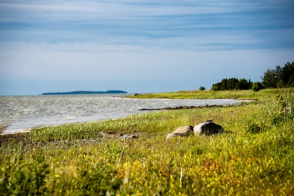 Playa confortable del mar báltico con rocas y vegetación verde —  Fotos de Stock