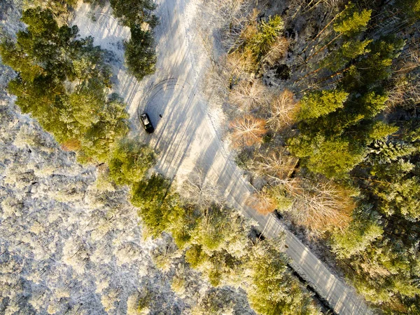 Воздушный вид снежного леса в солнечный зимний день — стоковое фото