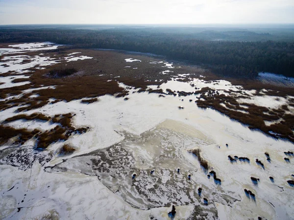 Vista aérea del lago del bosque congelado en invierno — Foto de Stock