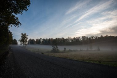 puslu kırsal manzara Letonya dalgalı yol asfalt ile