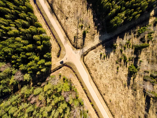 Drone image. aerial view of rural area with forest road — Stock Photo, Image