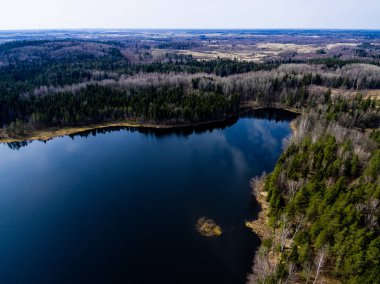 Drone görüntü. Orman Gölü ile kırsal bölgenin havadan görünümü
