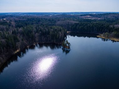 Drone görüntü. Orman Gölü ile kırsal bölgenin havadan görünümü
