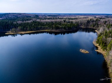 Drone görüntü. Orman Gölü ile kırsal bölgenin havadan görünümü