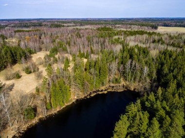 Drone görüntü. Orman Gölü ile kırsal bölgenin havadan görünümü