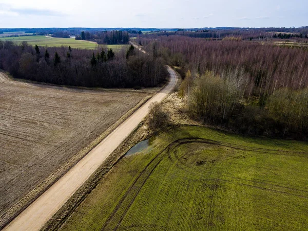 Изображение дрона. вид с воздуха на сельскую местность со свежими зелеными полями — стоковое фото