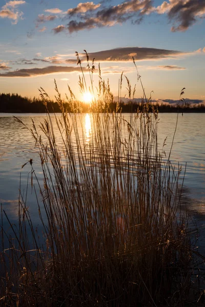 Драматический восход солнца над спокойной рекой — стоковое фото