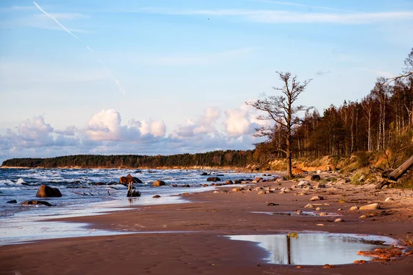 Pohled na skalnaté pobřeží pláže ráno. — Stock fotografie