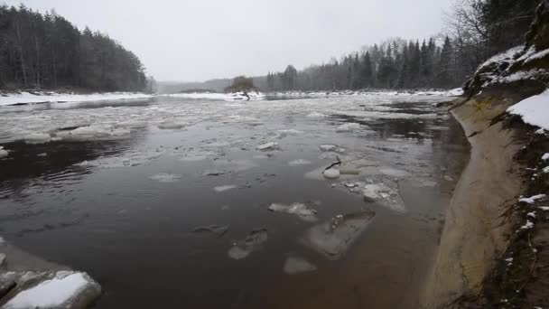 Blocchi di ghiaccio che si muovono nel fiume. riprese monocromatiche invernali — Video Stock