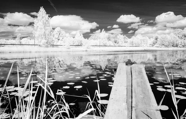 Lac forestier dans une chaude journée d'été. image infrarouge — Photo
