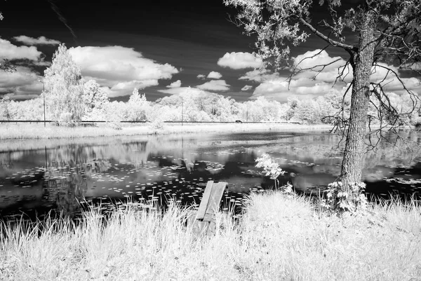 Lago da floresta no dia quente do verão. imagem infravermelha — Fotografia de Stock