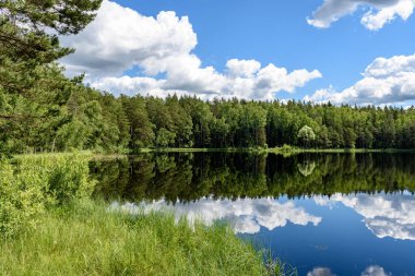 Beyaz bulutların üzerinde orman göl üzerinde mavi gökyüzü