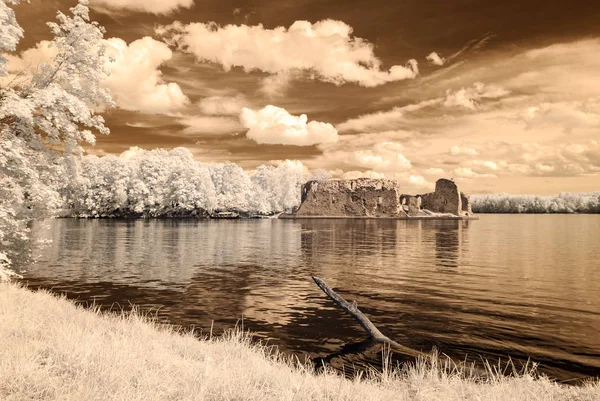 赤外線カメラ画像。古い石造りの城遺跡 — ストック写真