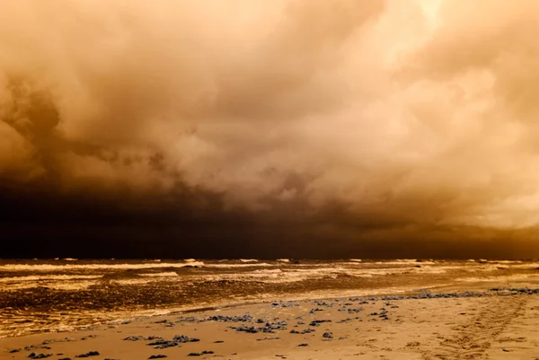 Морской пляж с драматическими облаками. инфракрасное изображение — стоковое фото
