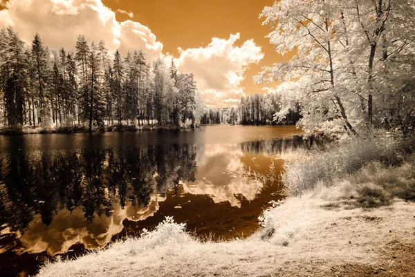 Réflexions dans le lac. image infrarouge — Photo