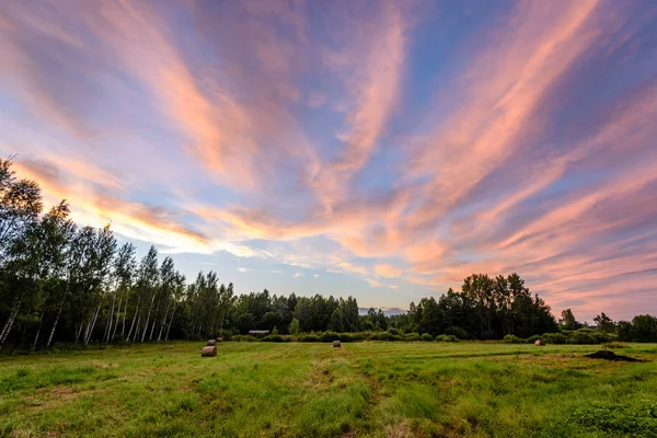 Champs ruraux en été avec coucher de soleil spectaculaire — Photo