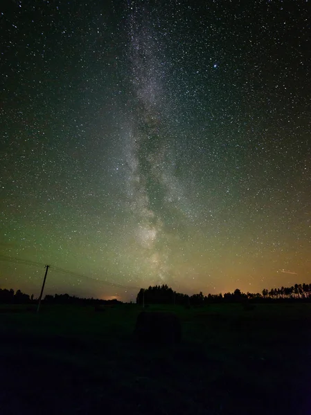 La Vía Láctea en el cielo nocturno con estrellas y algunos árboles . — Foto de Stock