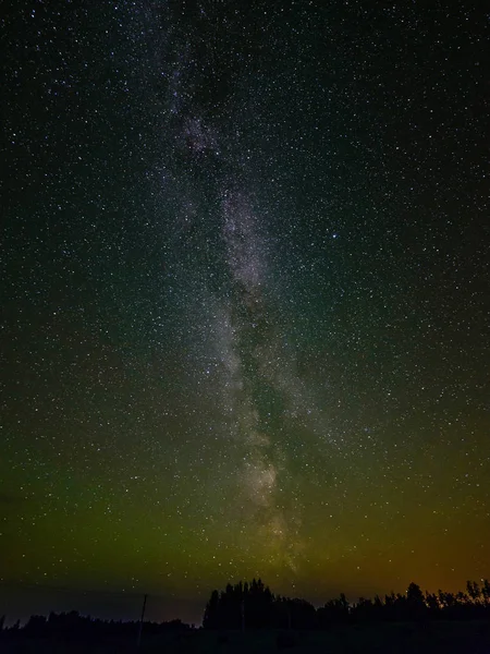 La Vía Láctea en el cielo nocturno con estrellas y algunos árboles . — Foto de Stock