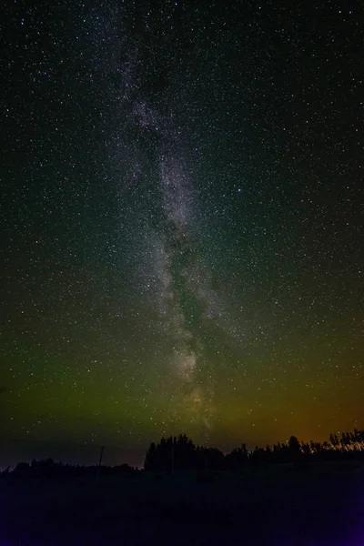 La Vía Láctea en el cielo nocturno con estrellas y algunos árboles . — Foto de Stock