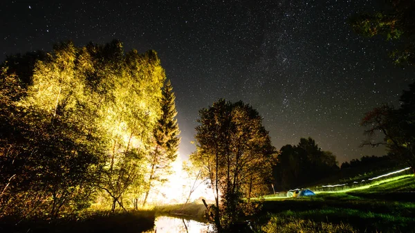 Colorida galaxia de la Vía Láctea vista en el cielo nocturno a través de árboles negros — Foto de Stock