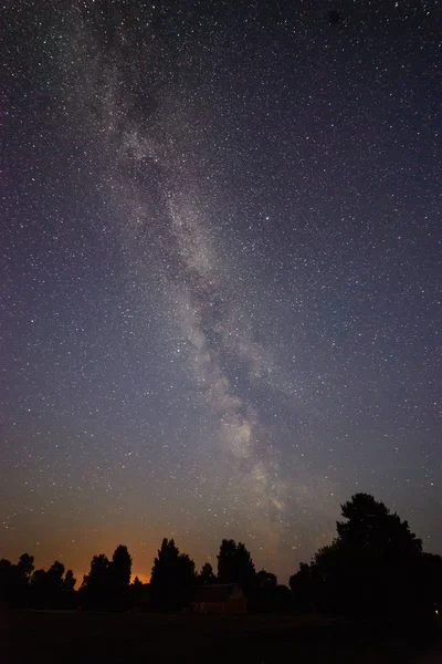 Colorida galaxia de la Vía Láctea vista en el cielo nocturno sobre árboles — Foto de Stock