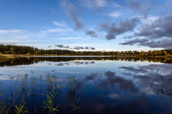 Herfst gekleurde bomen aan de oever van lake met reflecties in wa — Stockfoto