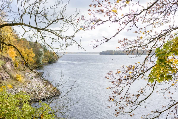 Musim gugur berwarna pohon daun latar belakang oleh sungai — Stok Foto