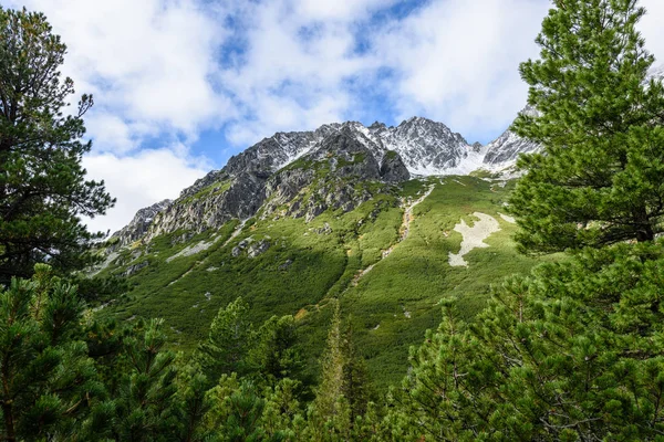 Cime delle montagne in autunno ricoperte di nebbia o nuvole nella giornata di sole — Foto Stock