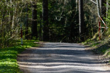 Boş yol yaz aylarında şehir dışında. çakıl yüzeyi