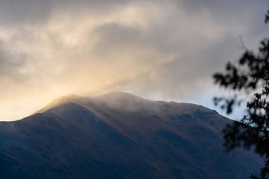 Slovakça tatra alanında ıslak dağ görünümünde puslu sabah