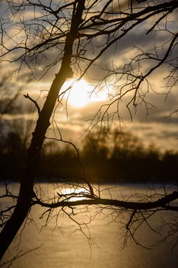 renkli kış günbatımı donmuş nehir buz üzerinde arka plan bulanıklık