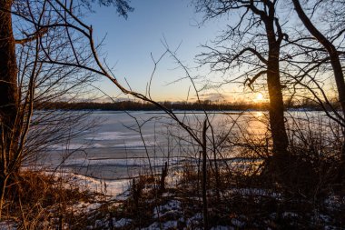 Ağaçların arasından gelen ışık ışınları ile renkli kış günbatımı