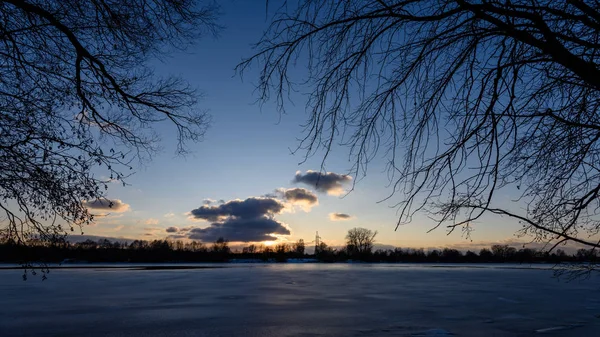 Zachód słońca zimą kolorowe promienie światła wpadające przez drzewa — Zdjęcie stockowe