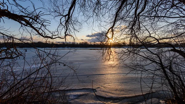 Pôr do sol de inverno colorido com raios de luz que vêm através das árvores — Fotografia de Stock
