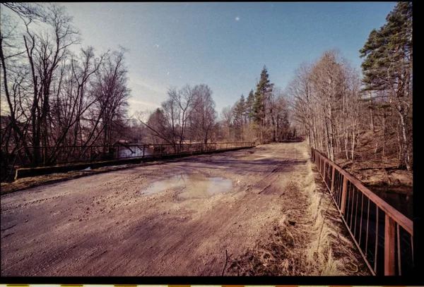 Imperfect color slide film scan with dust and scratches. lonely — Stock Photo, Image