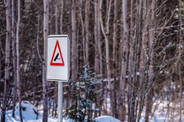 Señal de advertencia de la cámara de video vigilancia en el bosque de invierno —  Fotos de Stock