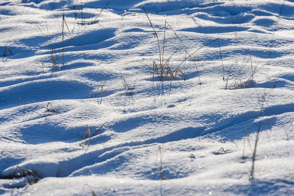 Skuggor i snö. vinter på landsbygden — Stockfoto