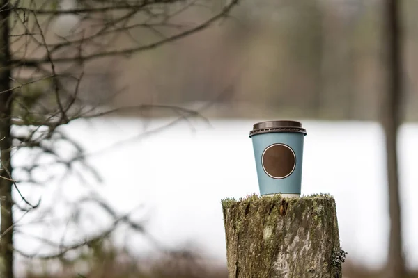 Tasse de café sur le vieux truunk arbre en forêt en hiver — Photo