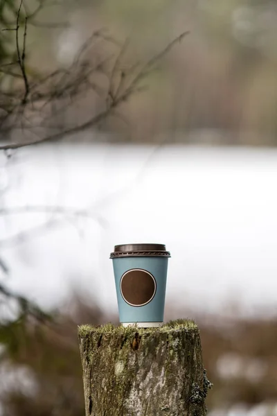 Tasse de café sur le vieux truunk arbre en forêt en hiver — Photo