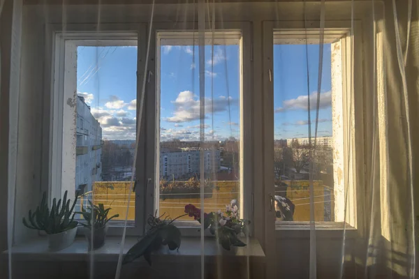 three part window in a room view by wide angle lens