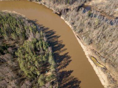 Drone görüntü. Bahar orman Nehri'nin havadan görünümü. Gauja, girllikeiCinsiye
