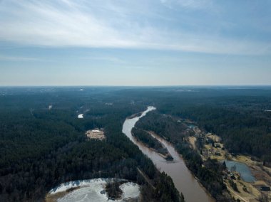 Drone görüntü. Bahar, Gauja, L donmuş nehir kıyısı havadan görünümü