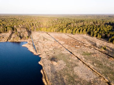 Drone görüntü. Bataklık, göller ve fo ile kırsal bölgenin havadan görünümü