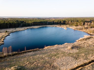 Drone görüntü. Bataklık, göller ve fo ile kırsal bölgenin havadan görünümü