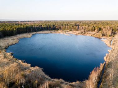 Drone görüntü. Bataklık, göller ve fo ile kırsal bölgenin havadan görünümü